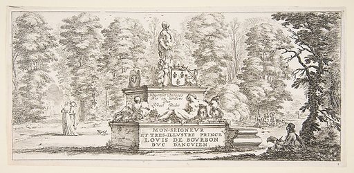 Plate 1: a monument with statues and a coat of arms in the center, a draughstman on the ground beneath a tree to right, two groups of lovers to left in the background, from 'Various landscapes' (Divers paysages)