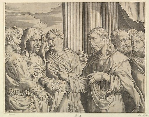 The Triubute Money: Christ at center right gesturing to man at his left with coins in his hand, other figures surrounding them; columns and drapery in the background