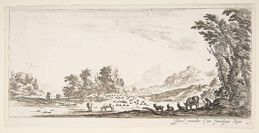 Plate 11: shepherdess seated to the right under a tree, watching her flock to the left, mountains to right in the background, from 'Various landscapes' (Divers paysages)