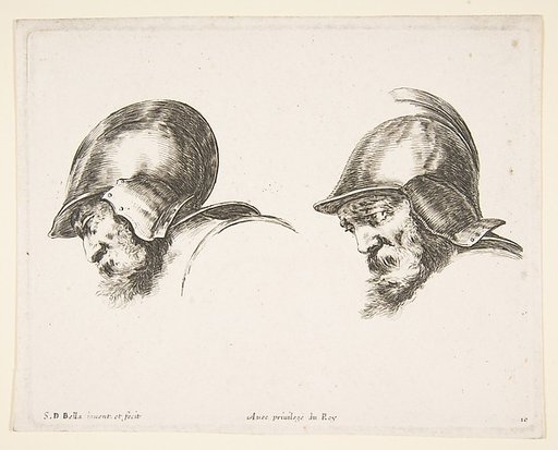 Plate 10: two heads of old soldiers wearing helmets, both facing left and looking downwards, from "The principles of design" (I principii del disegno)
