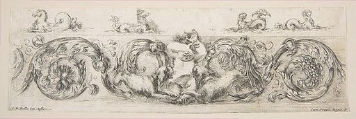 Rinceaux with Child Frightened by Dogs, plate 8 from "Decorative friezes and foliage" (Ornamenti di fregi e fogliami)