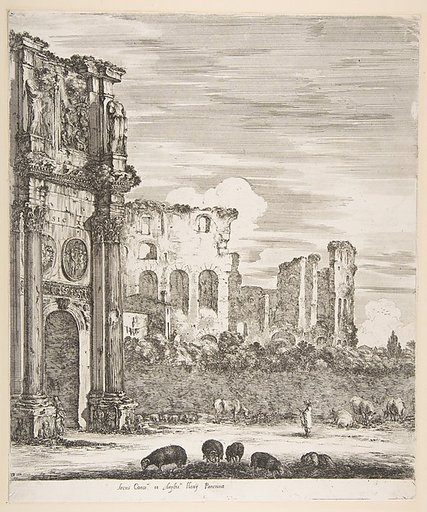 Arch of Constantine and Colosseum with sheep grazing in foreground, from "Six large views, four of Rome, and two of the Roman countryside" (Six grandes vues, dont quatre de Rome et deux de la Campagne romaine)