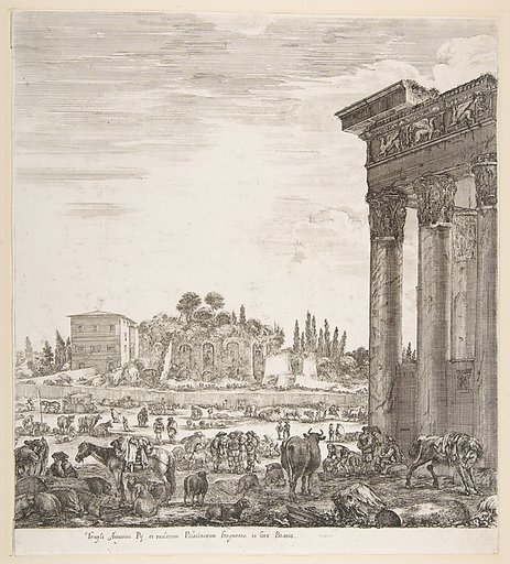 The columns of the Temple of Antoninus to right, a part of the Campo Vaccino in center and at left, along with various animals and figures, the Palatine ruins in the background, from "Six large views, four of Rome, and two of the Roman countryside" (Six grandes vues, dont quatre de Rome et deux de l