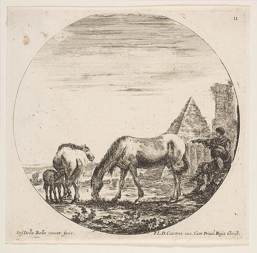 The pyramid of Caius Cestius at right in the background, a horse grazing at center, a foal suckling a mare at left, two shepherds at right, plate 11 from "Roman landscapes and ruins" (Paysages et ruines de Rome)