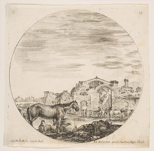 A shepherd sleeping on the ground at right, three horses at left, other horses and various figures to right, the Baths of Diocletian in the background, plate 12 from "Roman landscapes and ruins" (Paysages et ruines de Rome)