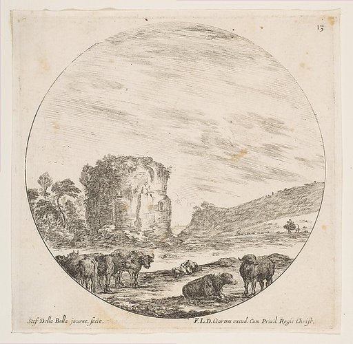 Ruins of a temple in a Roman landscape, plate 13 from "Roman landscapes and ruins" (Paysages et ruines de Rome)