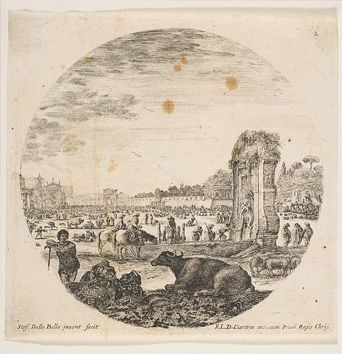 Campo Vaccino, a buffalo and two shepherds in center, the Fontanone to right in the middle ground, various animals and people in the background, plate 2 from "Roman landscapes and ruins" (Paysages et ruines de Rome)