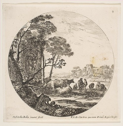 A Corinthian capital on the ground at left, a monument with figures in low relief at left in the middleground, various animals and two shepherds at right, plate 4 from "Roman landscapes and ruins" (Paysages et ruines de Rome)