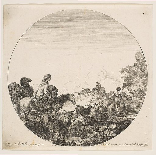 A woman carrying a child on a horse at left, a camel following her, a herd of goats, sheep, and a shepherd in front of her at right, plate 5 from "Roman landscapes and ruins" (Paysages et ruines de Rome)