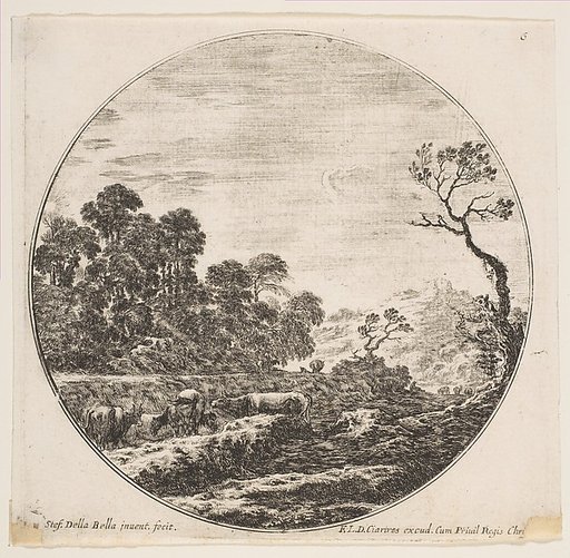 Cows crossing a valley at left, a horseman and other cows in the background, plate 6 from "Roman landscapes and ruins" (Paysages et ruines de Rome)
