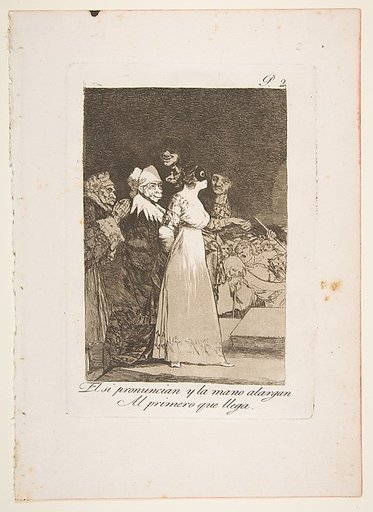 Plate 2 from "Los Caprichos": They say yes and give their hand to the first comer (El si pronuncian y la mano alargen al primero que llega)