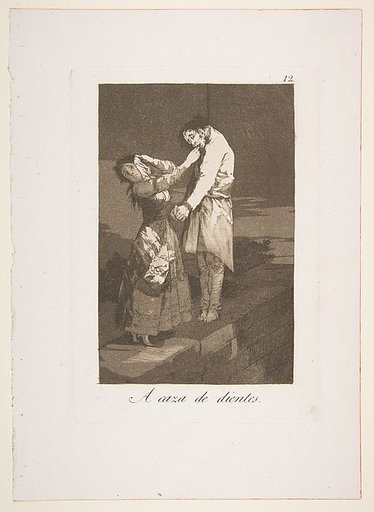 Plate 12 from "Los Caprichos": Out hunting for teeth (A caza de dientes)