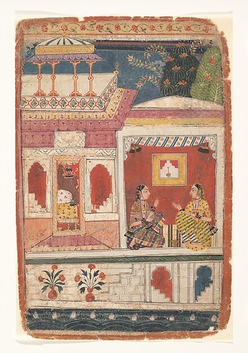 Radha and Her Confidant Sit in an Open Room: Page from a Dispersed Rasikapriya
