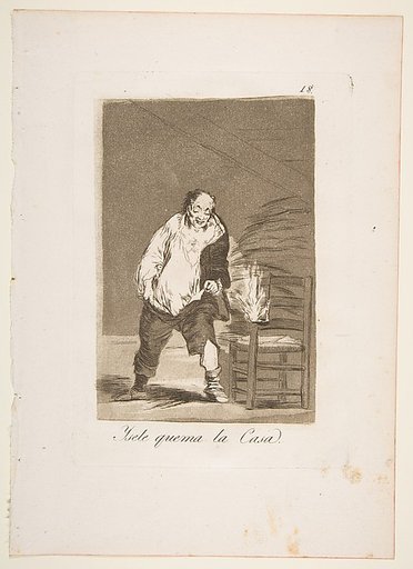 Plate 18 from "Los Caprichos": And his house is on fire (Ysele quema la Casa)