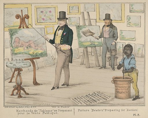 Vive la France, Marchands de "Tableaux" se Preparant pour la Vente Publique / Picture "Dealers" Preparing for "Auction"