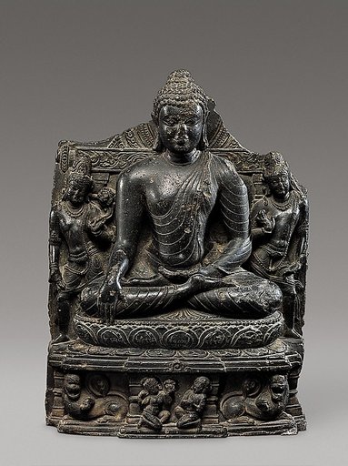 Seated Buddha Reaching Enlightenment, Flanked by Avalokiteshvara and Maitreya