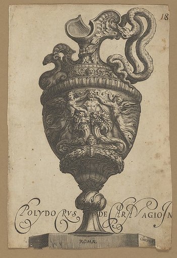 Vase with a monster at center, two cornucopias, and two flanking winged female figures