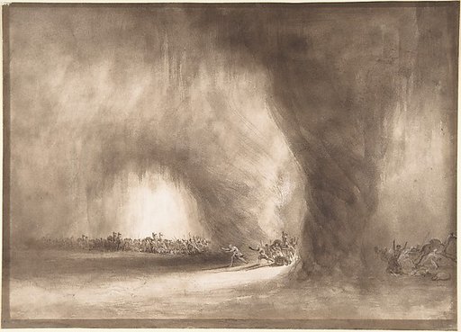 A column of oriental travelers scattered by a dust storm