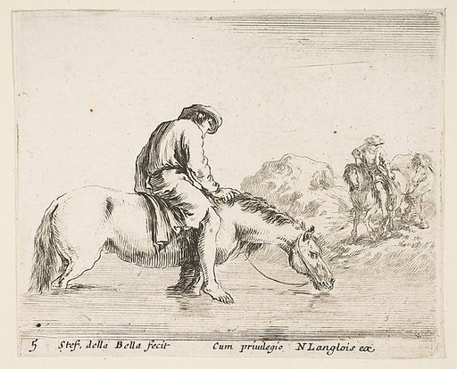 A barefoot peasant on horseback crossing a river, another peasant on horseback and leading a horse on a bank to right in the background, plate 5 from "Diversi capricci"