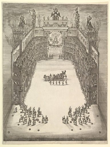Theater at Modena, seen from above and filled with spectators, with a triumphal car at center and horses in formation at lower left and right, from 'La Gara delle Stagioni'