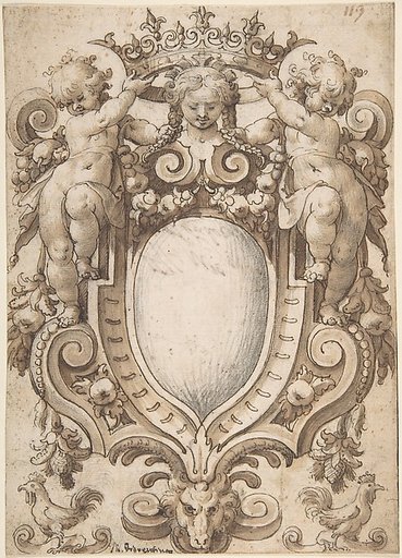 Design for a Title Page with a Coat of Arms (blank) and Two Putti Holding a Crown
