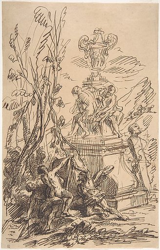 Three Men in a Landscape near Sculptures