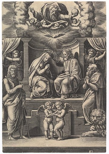 The Coronation of the Virgin, at lower left stands St John the Baptist, at lower right St Jerome, God the father above