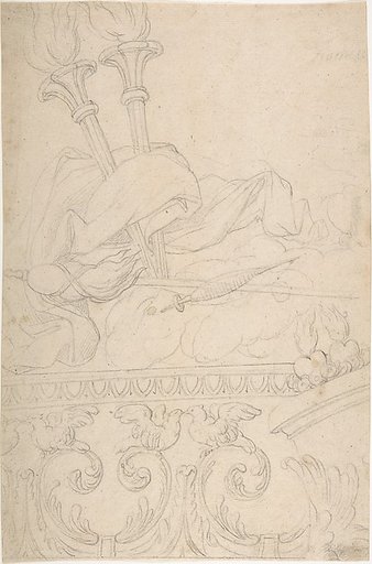 Ornament with Two Torches, a Spindle and Flax above a Rinceau of Doves with Sacred Hearts