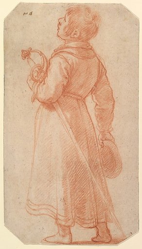 A Young Boy Seen from Behind, holding a sword and cap