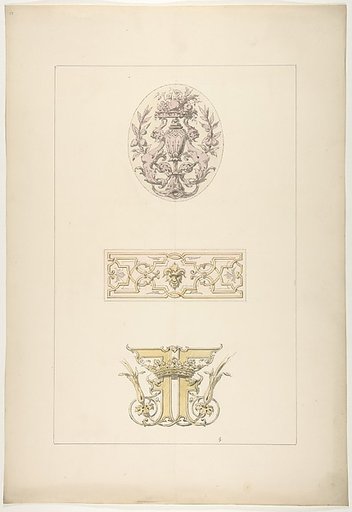 Two designs for decorative panels and one design for an ornamental monogram with a crown and the initials:  FF