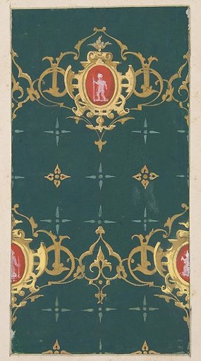 Design for wallpaper featuring rinceaux and carouches framing figures
