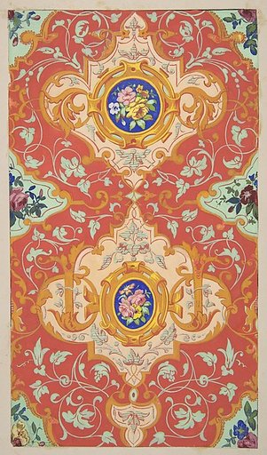 Design for wallpaper featuring strapwork, rinceaux, and cartouches filled with bouquets of roses