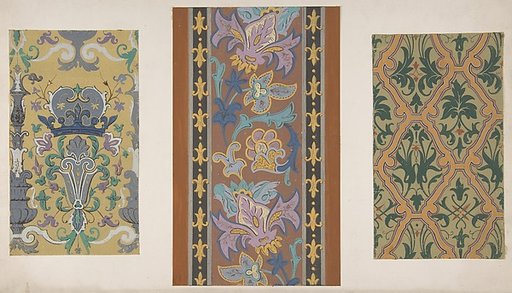 Three designs for wallpaper featuring strapwork, rinceaux, and fleurs-de-lis