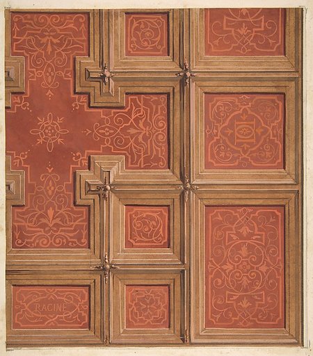 Design for the decoration of a coffered ceiling ornamented with the name "Racine" and entwined  letters: DD