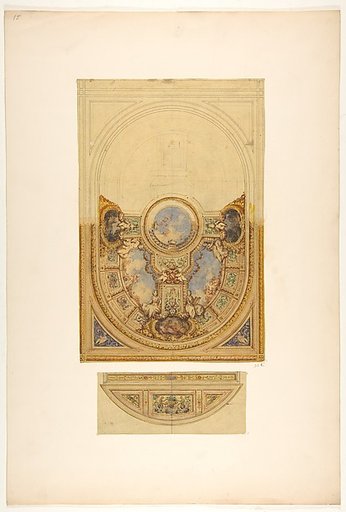 Design for the decoration of an oval ceiling with putti and garlands; with a detail of a lunette