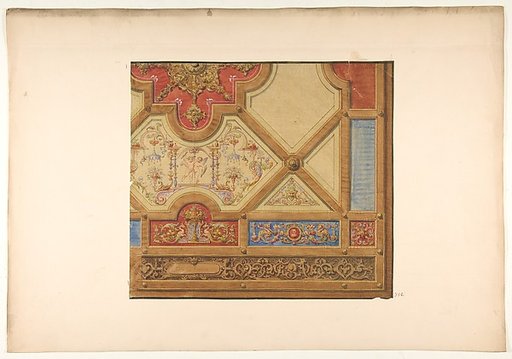 Partial design for the decoration of a ceiling in geometric panels painted with putti, masks., and griffins