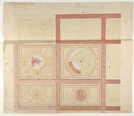 Design for the decoration of the ceiling of a vestibule in painted panels with roman key borders
