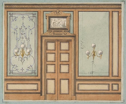 Elevation of a paneled interior with double doors and gaslight sconces