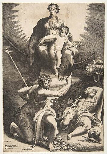 The vision of Saint Jerome who is asleep in the bottom right, the Virgin and Child appear above being pointed to by Saint John the Baptist