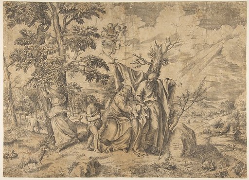 The Rest on the Flight into Egypt, Joseph at right, the Virgin holds the Christ Child in the centre, other figures to the left