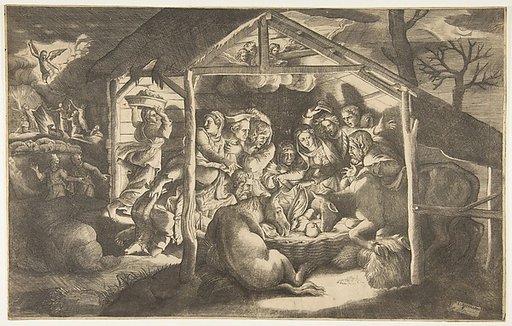 The adoration of the shepherds, various figures surrounding the Christ Child in the centre