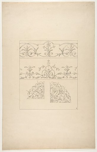 Four designs for decorative patters featuring foliage, flowers, and scrolls