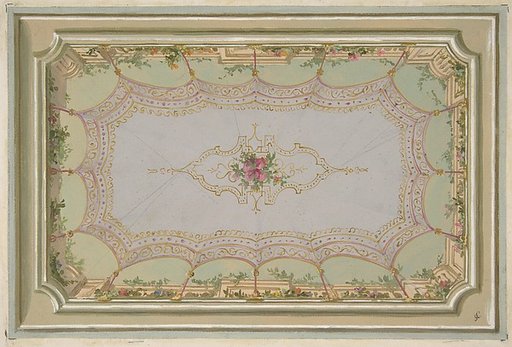 Design for the painted decoration of a ceiling with a trompe l'oeil canopy and roses
