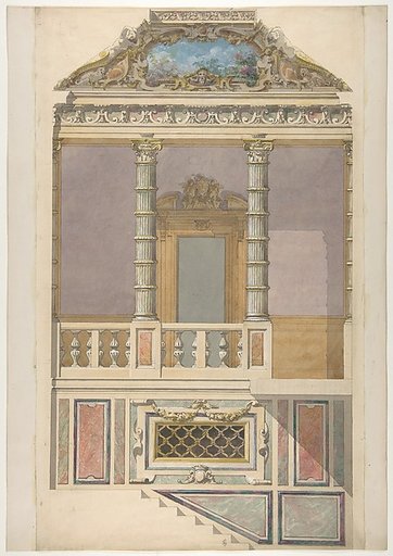 Elevation of an Italianate interior, including steps and an upper  loggia decorated in composite columns