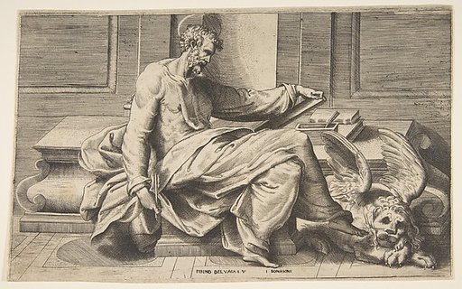 Saint Mark writing his Gospel, a winged lion at the right