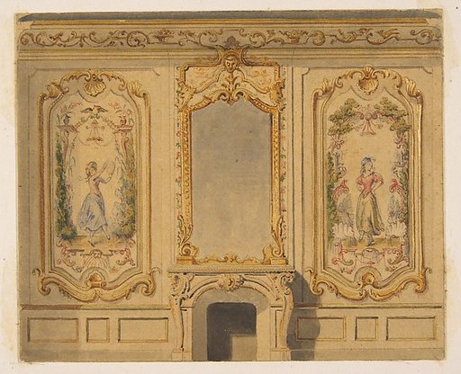 Elevation of an interior wall decorated with a chimney piece surmouted by a mirror and flanked with painted panels