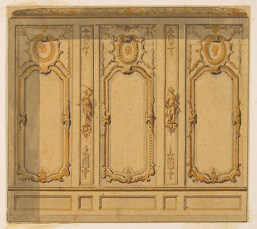 Elevation of an interior showing a wall decorated in ornate panels and mounted statuettes