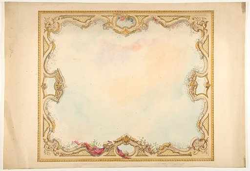Design for the decoration of aceiling with painted clouds and a pierced border