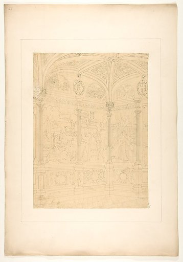 Elevation of the corner of a room decorated with Renaissance-style murals and carved woodwork