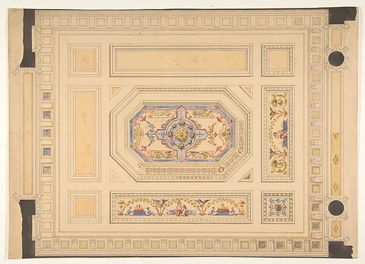 Design for a paneled ceiling painted with putti, birds, and floral motifs